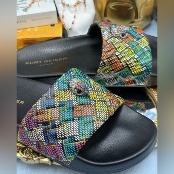 🆕 KURT GEIGER LONDON 🧿 NWOB Meena Eagle Slide, Black Rainbow Weave, Sz 40 US 9 - Picture 10 of 14